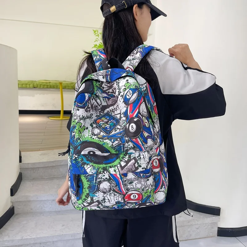 新款大容量街头潮酷男款双肩包台球图案三色可选女款书包学生背包