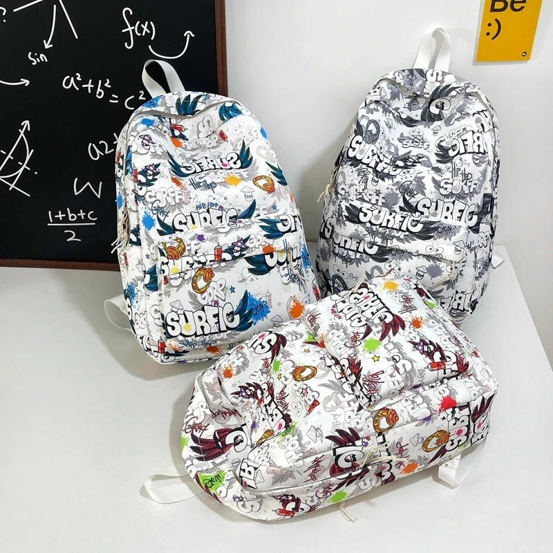 新款涂鸦三色潮酷双肩包大学生男女同款书包初高中大容量背包