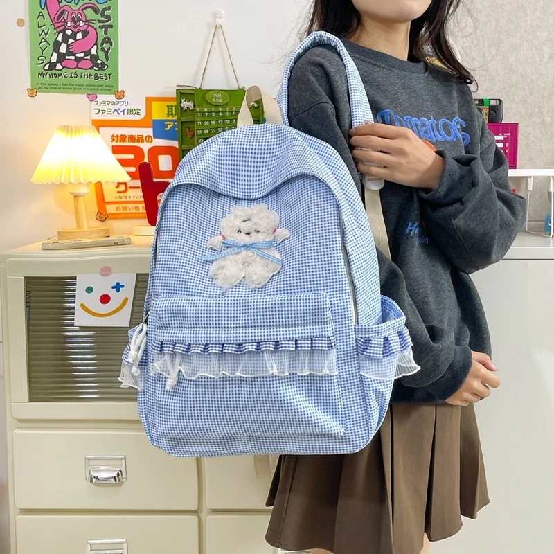 新款双肩包女格子女款双肩包女大容量加厚学生书包韩版小清晰背包